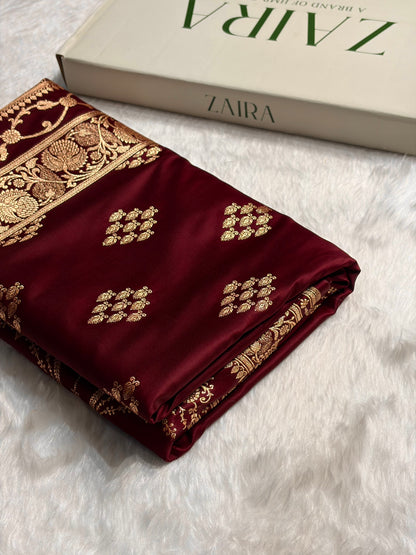 Garnet Floral Boota Satin Katan Silk saree SK34