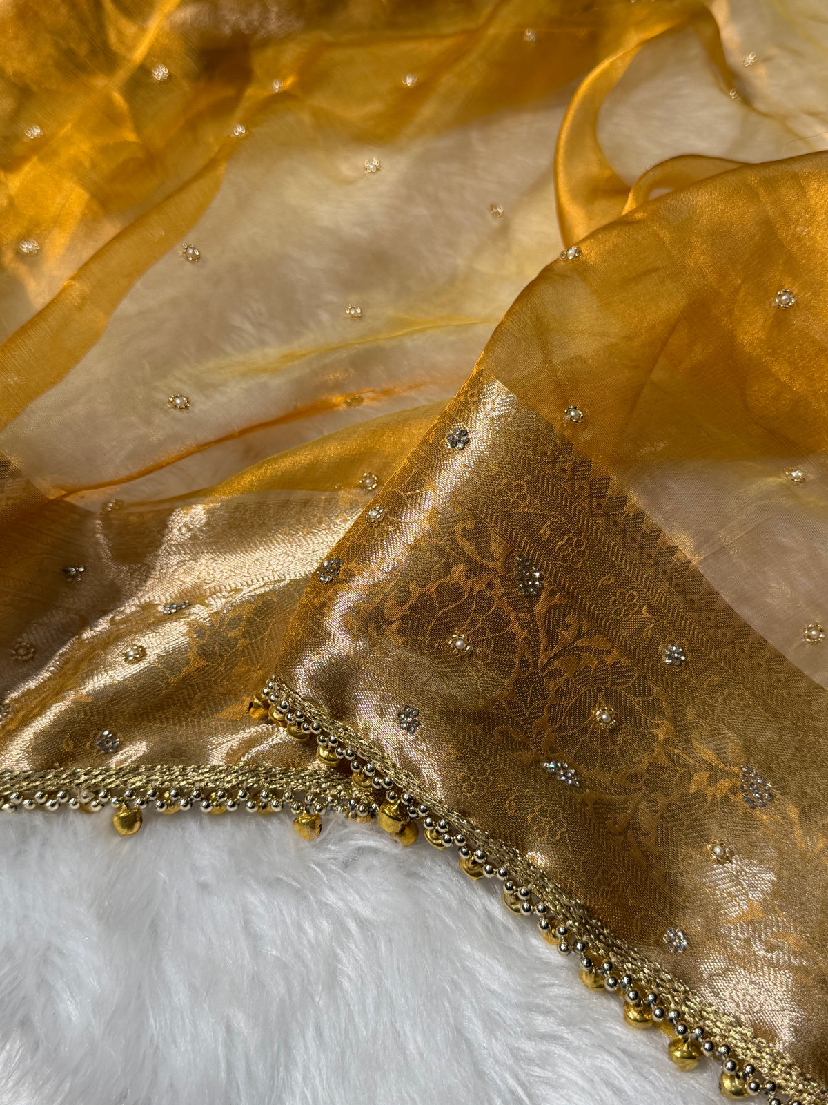 Gold Shades Pure Tissue Silk With Banarasi Swarovski Work Saree X Ghongroo BPGPT-18