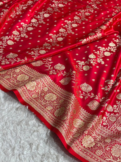 Banarasi Satin Katan Saree With Boota in Magnetic Red Shades SK114