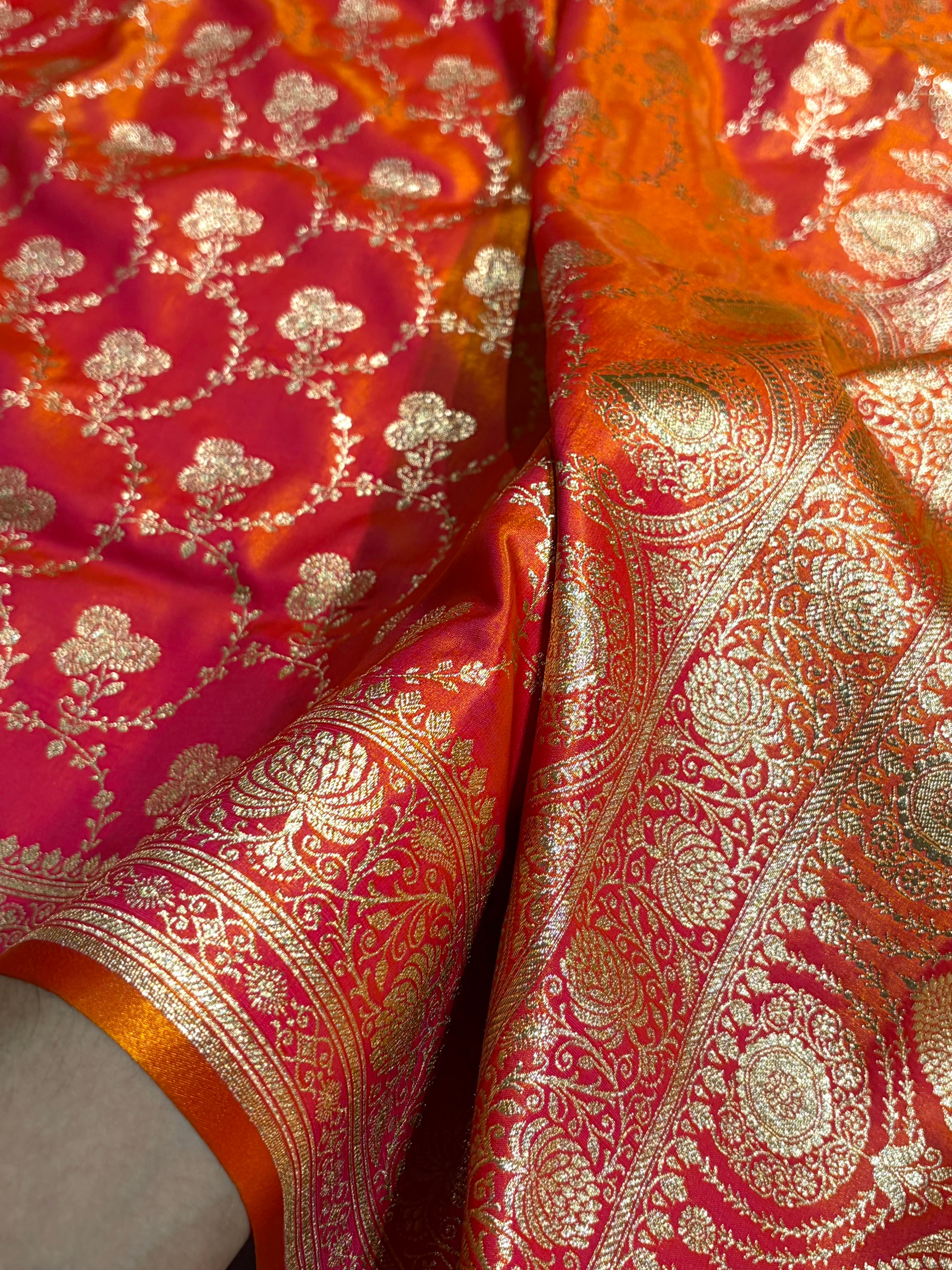 Satin Silk Saree Jaal in Pinkish Orange Shades SS23