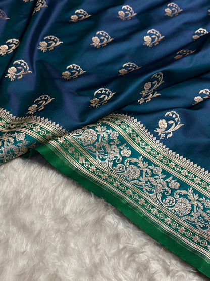 Banarasi Contrast Peacock With Rama Floral Border Mashru Silk Saree MSM-100