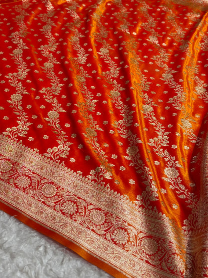 Satin Silk Saree Cross with Booti in Fire Gold Shades SS24