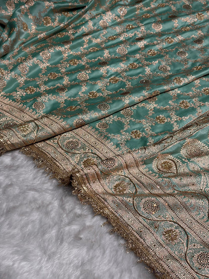 Sea Green Swavroski & Zardozi Work With Gotta Patti Jaal Pattern Satin Katan Silk Saree BSKGP25
