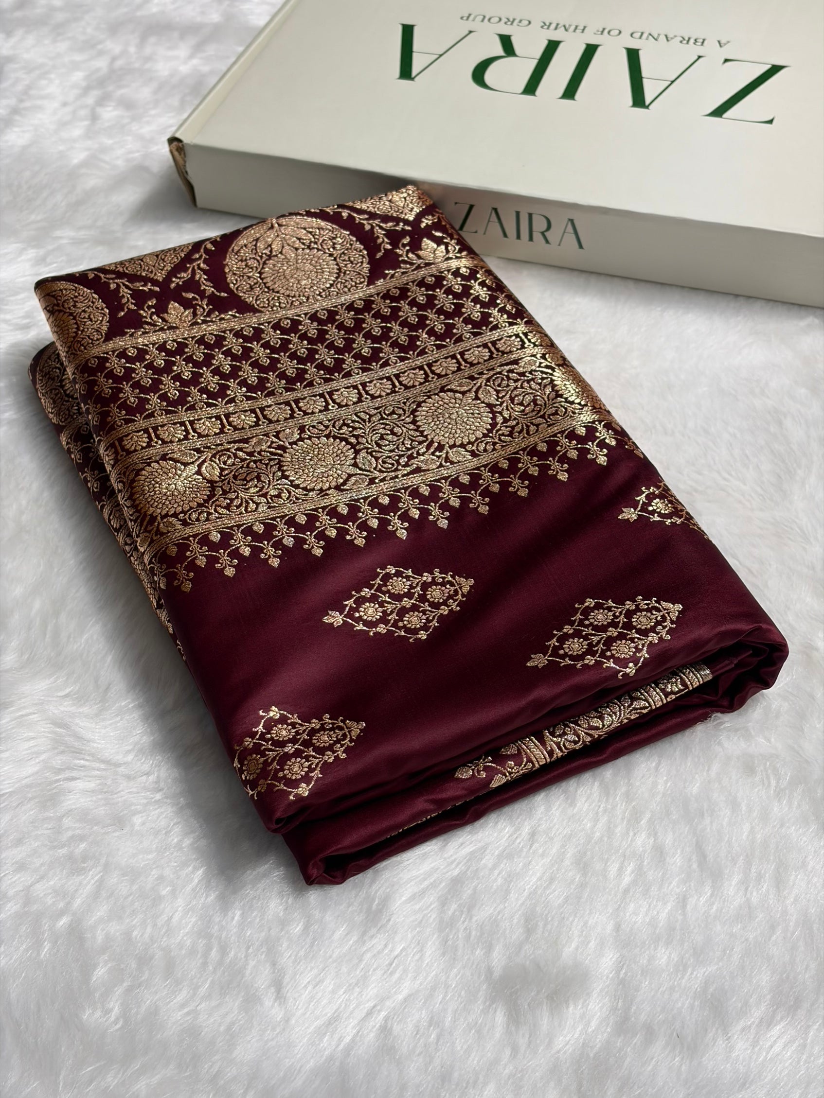 Garnet Floral Boota Satin Katan Silk saree SK35