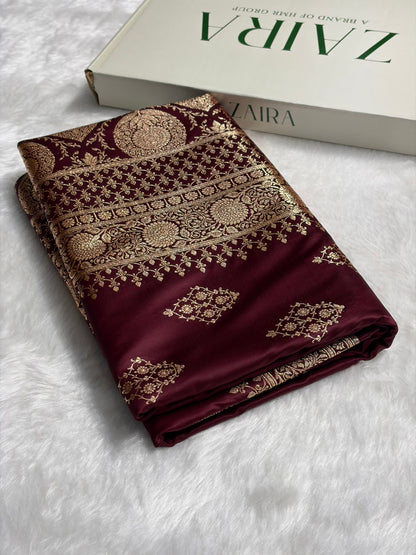 Garnet Floral Boota Satin Katan Silk saree SK35