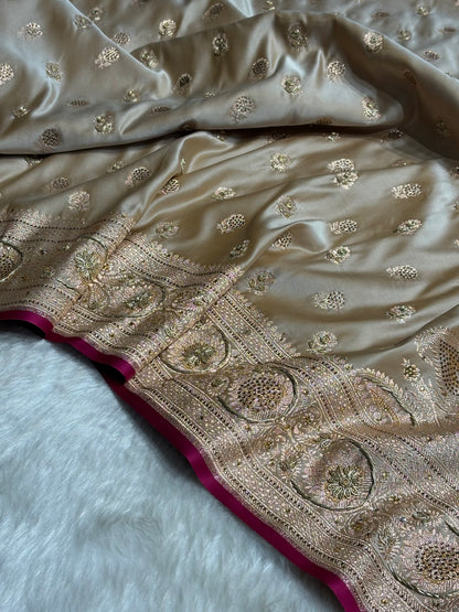Tusser  Shades Booti Katan Silk Saree with Stone & Zardozi Work BSK12