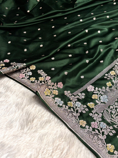 Bottle Green Shades Minakari Floral Border Booti Mashru Silk Saree MS75