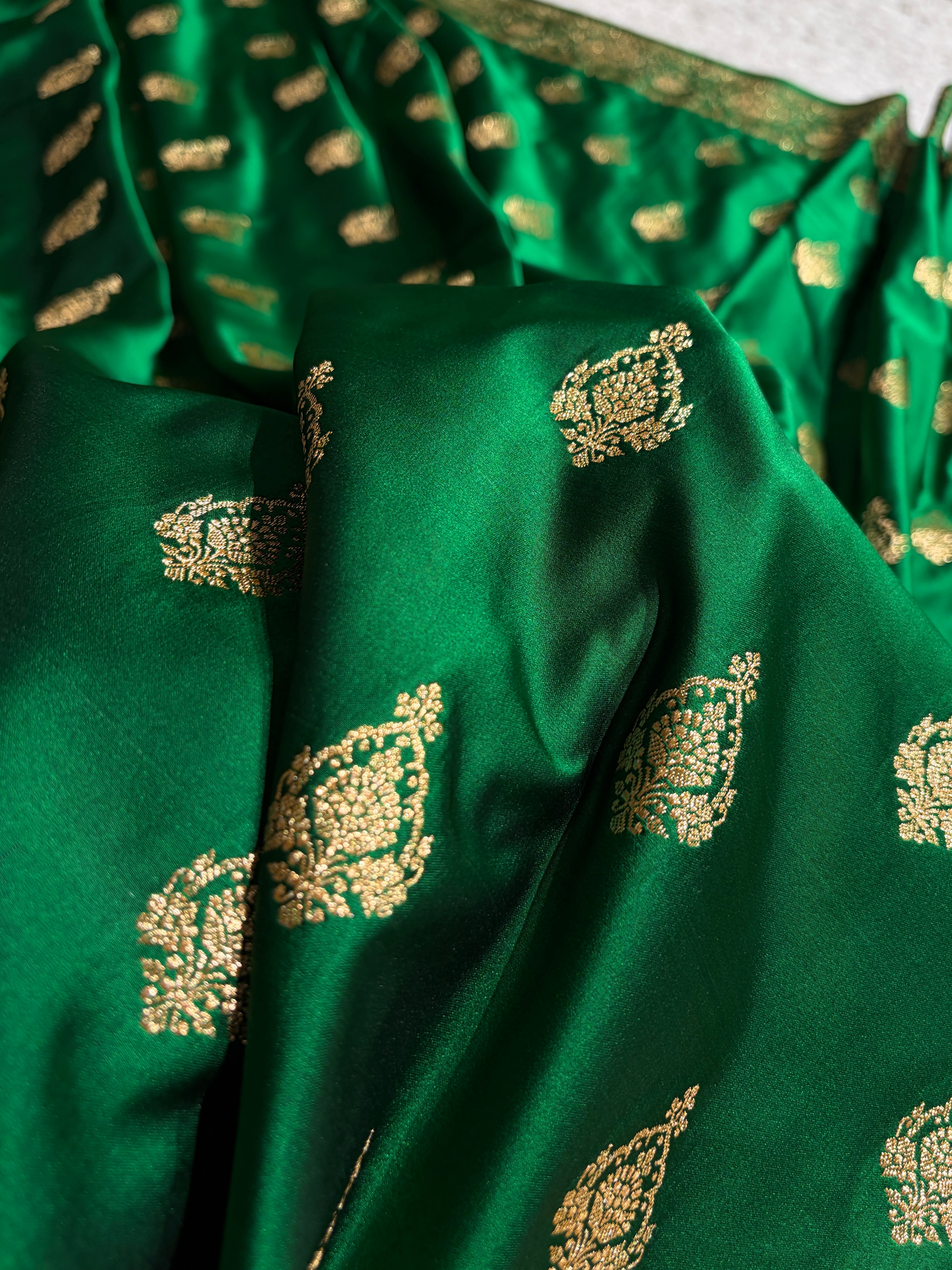 Banarasi Satin Katan Saree With Boota in Bottle Green Shades SK98