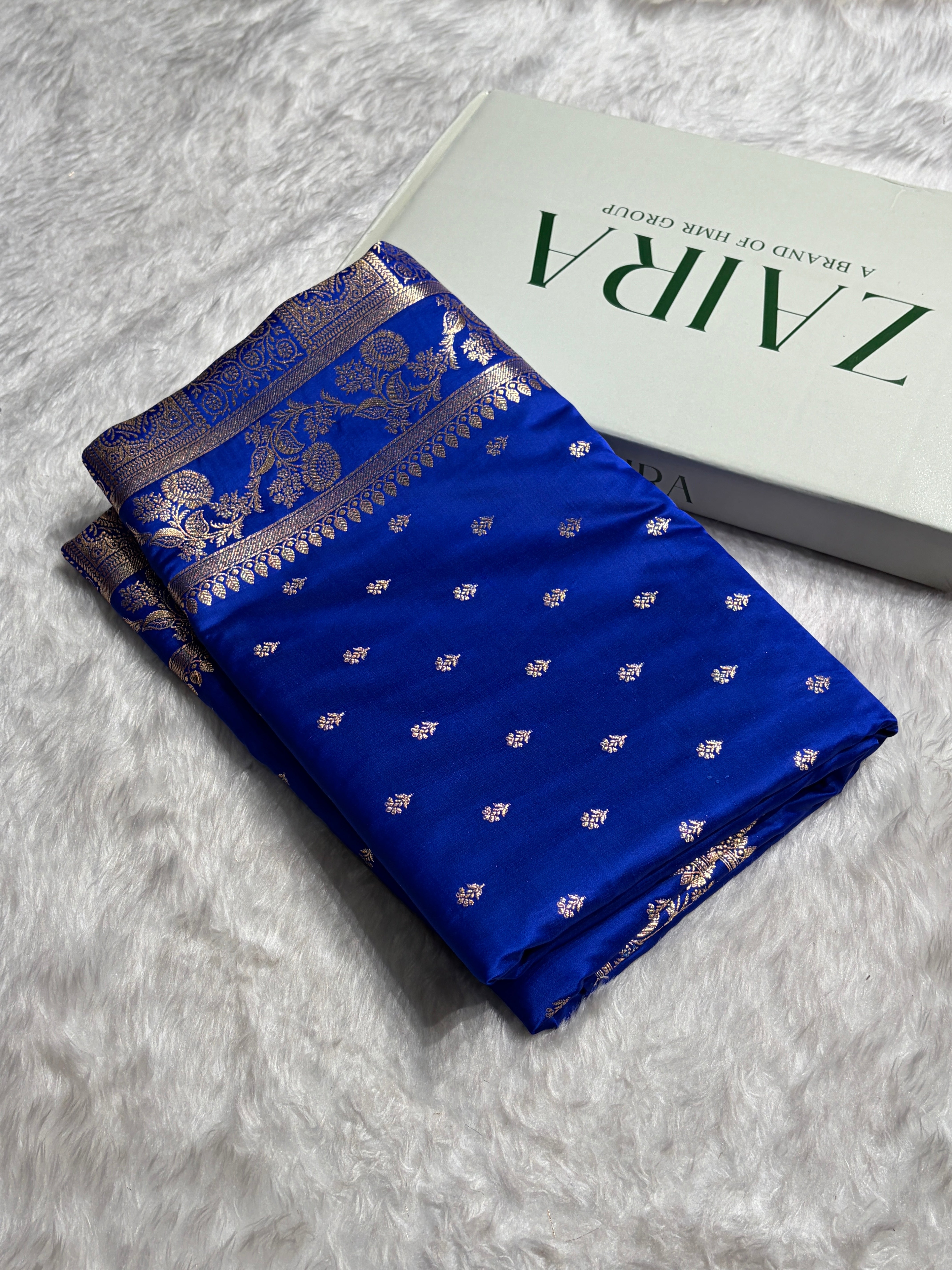 Royal Blue Floral Pattern Satin Katan Silk Saree SK77