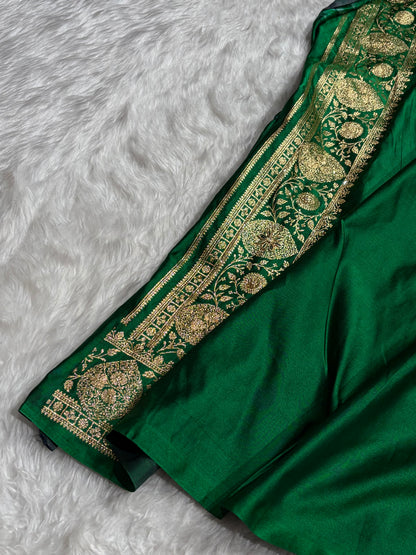 Banarasi Satin Katan Saree With Aari Zardozi Work Boota in Bottle Green Shades BSK98