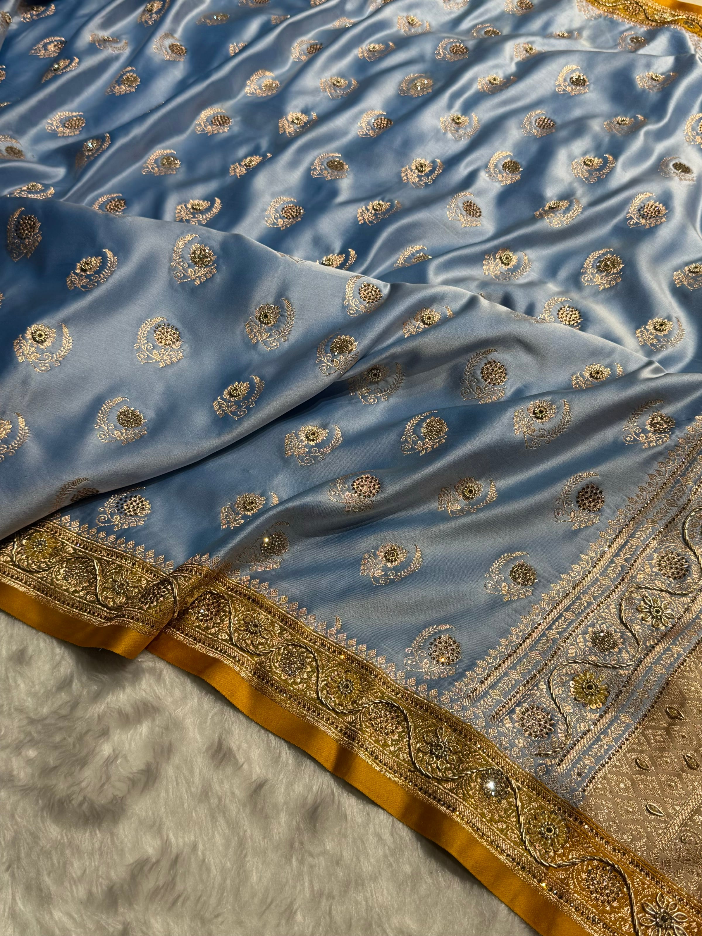 Sky Blue with Mustard Floral Boota With Swarovski & Zardozi Work Satin Katan Silk saree BSK27