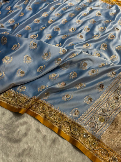 Sky Blue with Mustard Floral Boota With Swarovski & Zardozi Work Satin Katan Silk saree BSK27