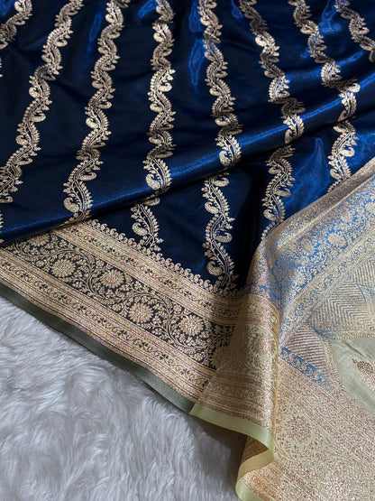 Royal Blue Contrast Shades Cross Pattern Banarasi Satin Silk Saree SS39