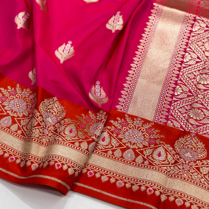 Pink Orange Satin Patta Blended Banarasi Katan Silk