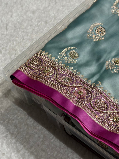 Turquoise with Lavender Floral Boota With Swarovski & Zardozi Work Satin Katan Silk saree BSK27