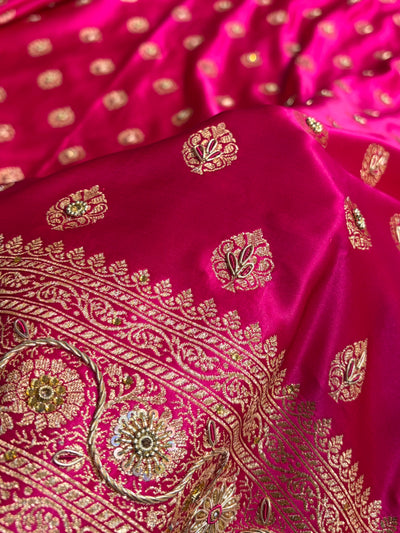 Banarasi Boota Katan Silk Saree In Rani Shades With Ari Zardozi Work BSK02