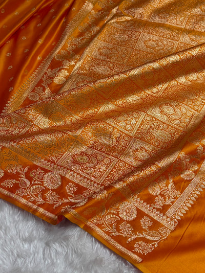 Banarasi Fanta Orange Shades Floral Pattern Satin Katan Silk Saree SK77