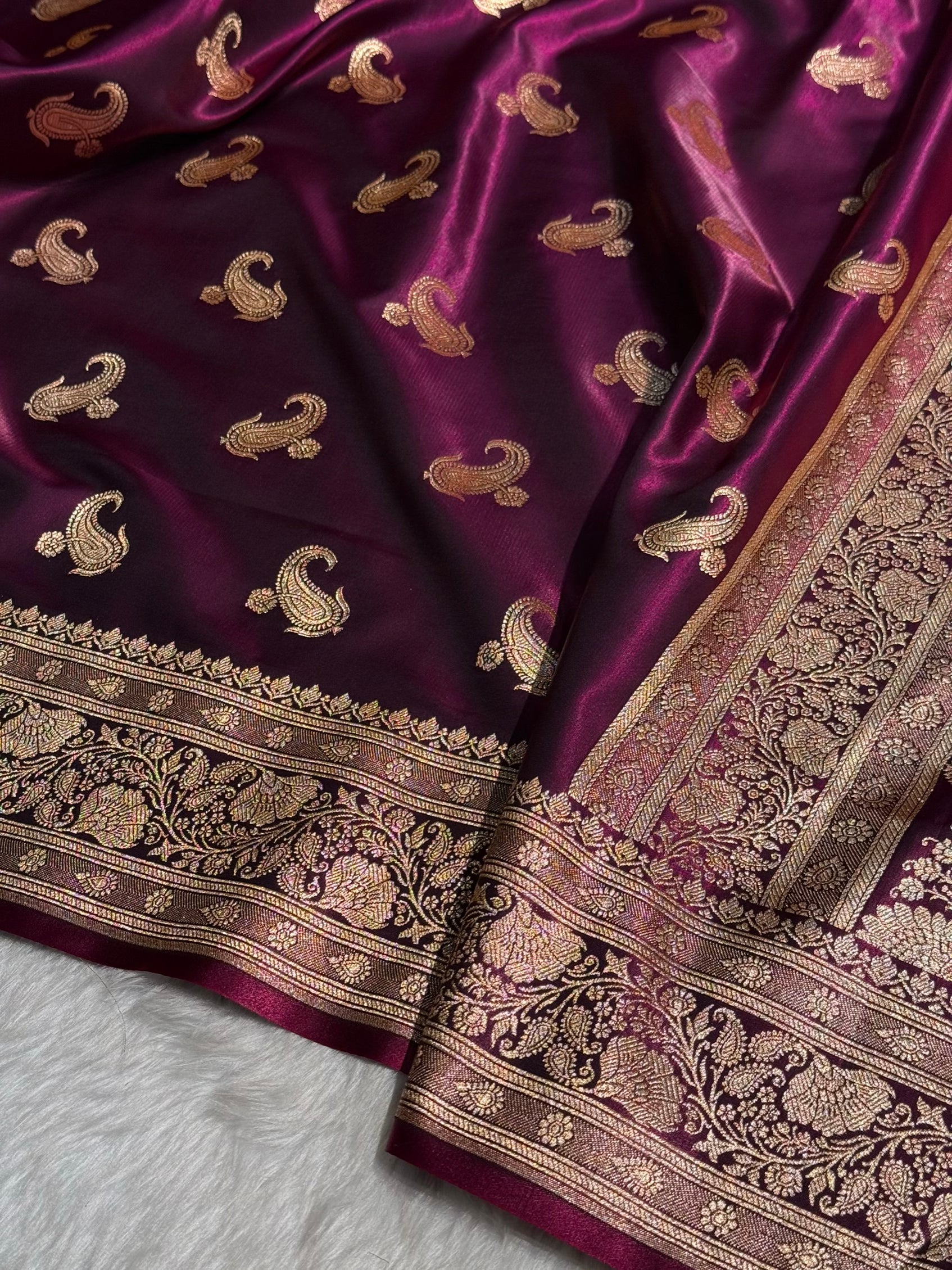 Satin Silk Saree Floral Boota in Wine Shades SS27
