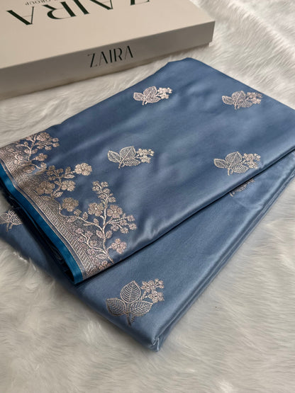 Banarasi Sky Blue Shades With Floral Border Mashru Silk Saree MCS83