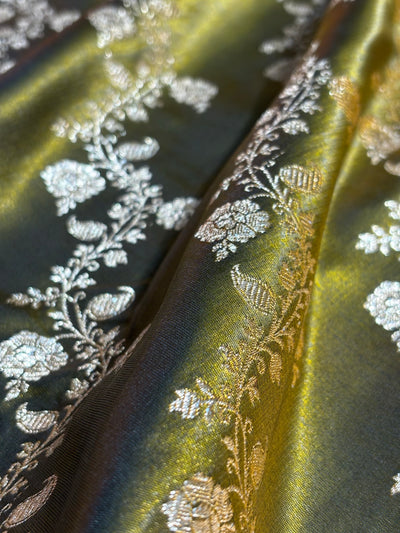 Dark Mahendi Shades Banarasi  Cross Jaal Satin Silk Saree SS11