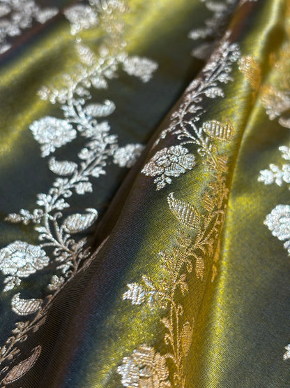 Dark Mahendi Shades Banarasi  Cross Jaal Satin Silk Saree SS11