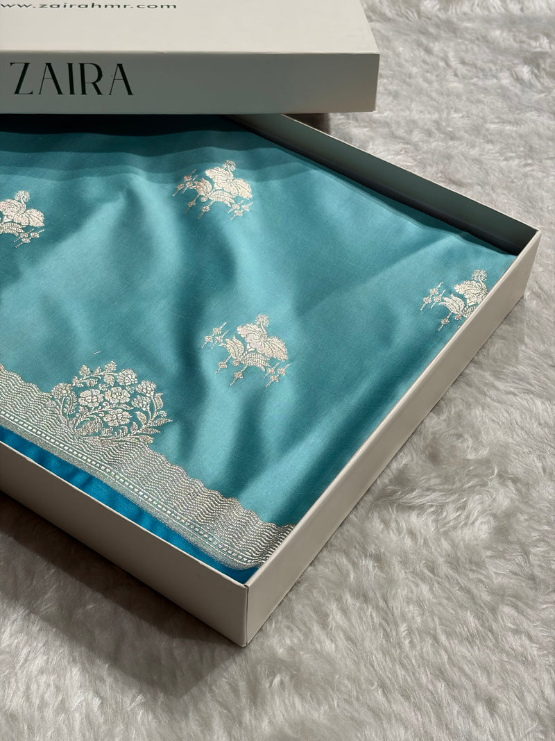Banarasi Sky Blue Shades Floral Mashru Silk Saree MCS87