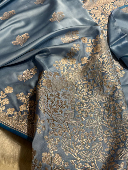 Banarasi Sky Blue Shades With Floral Border Mashru Silk Saree MCS83