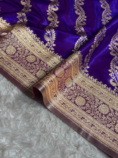Purple Contrast Shades Cross Pattern Banarasi Satin Silk Saree SS39