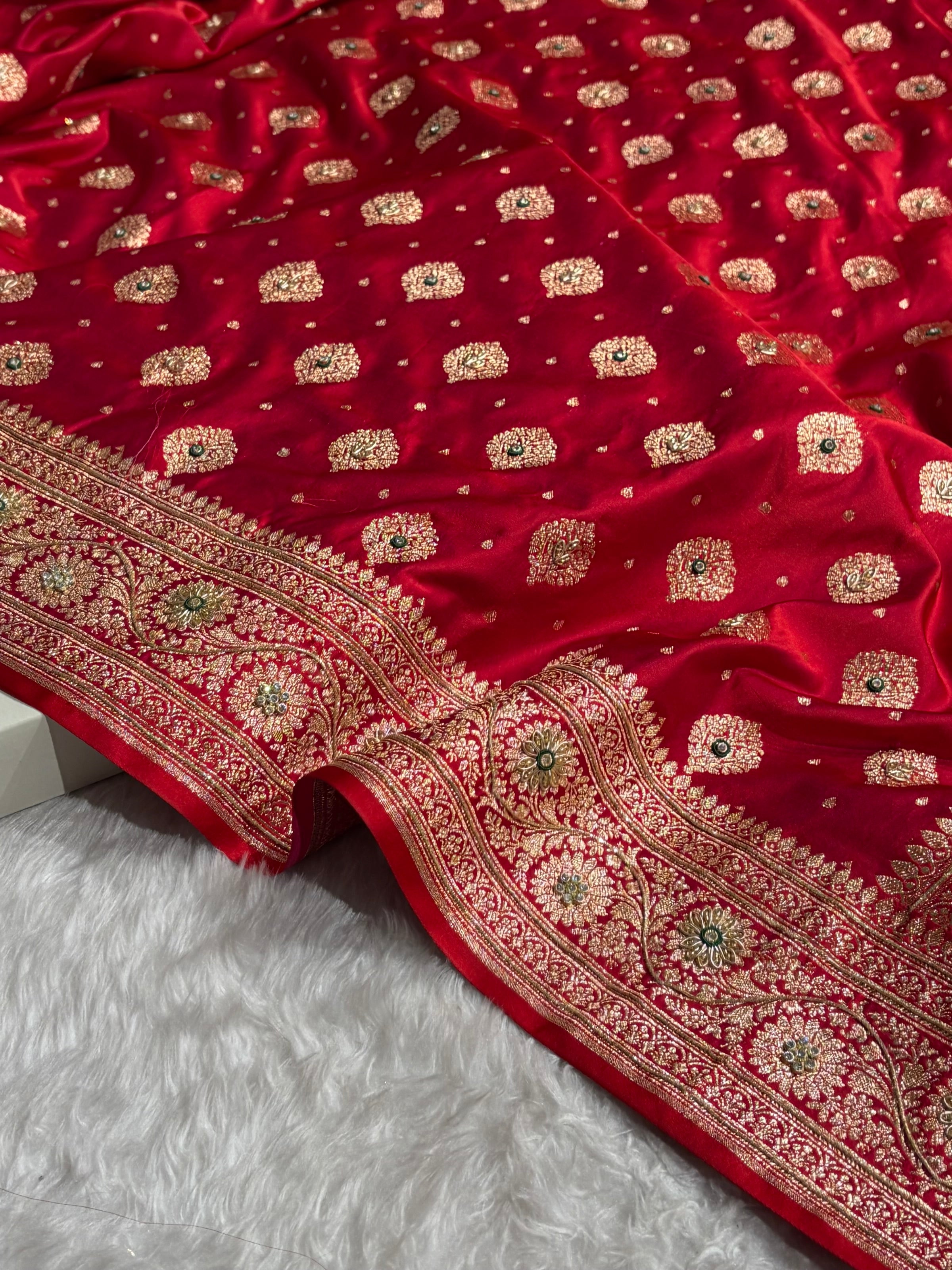 Bridal Red Unique Boota Pattern With Stone & Ari Work Satin Katan Silk Saree BSK69