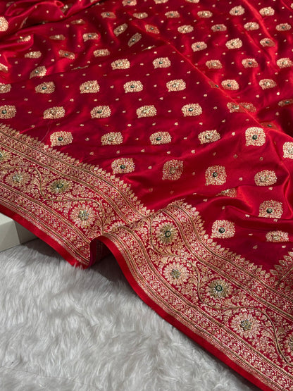 Bridal Red Unique Boota Pattern With Stone & Ari Work Satin Katan Silk Saree BSK69