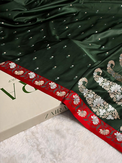 Contrast Bottle Green With Red Floral Boota With Floral Border Mashru Silk Saree MSM 78