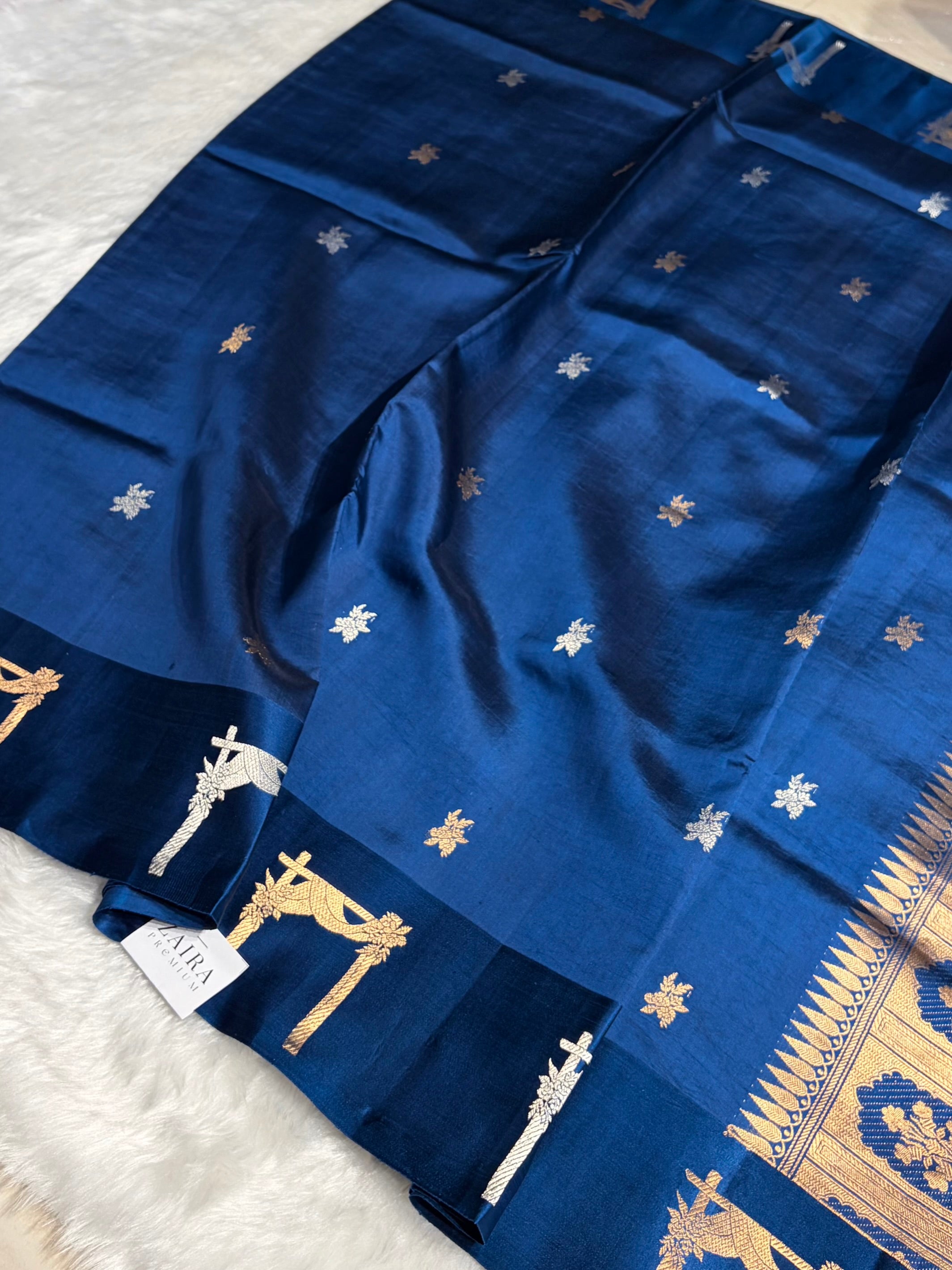 Royal Blue Shades Boota Handwoven Pure Raw Mango Silk RM-14
