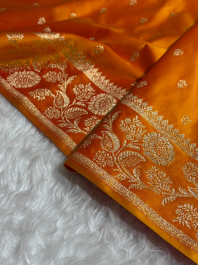 Banarasi Fanta Orange Shades Floral Pattern Satin Katan Silk Saree SK77