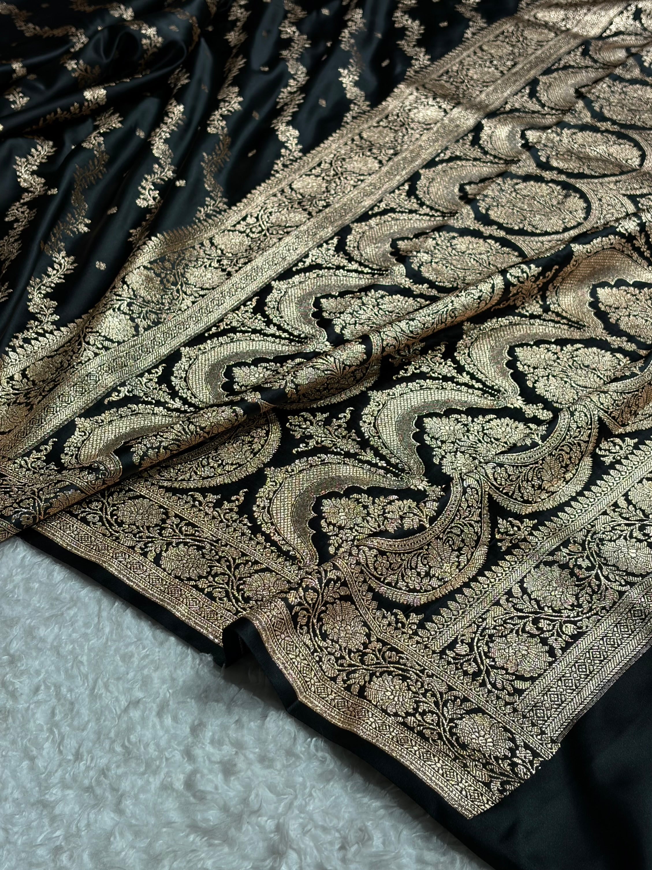 Banarasi Satin Katan Saree With Boota in Black Shades SK108