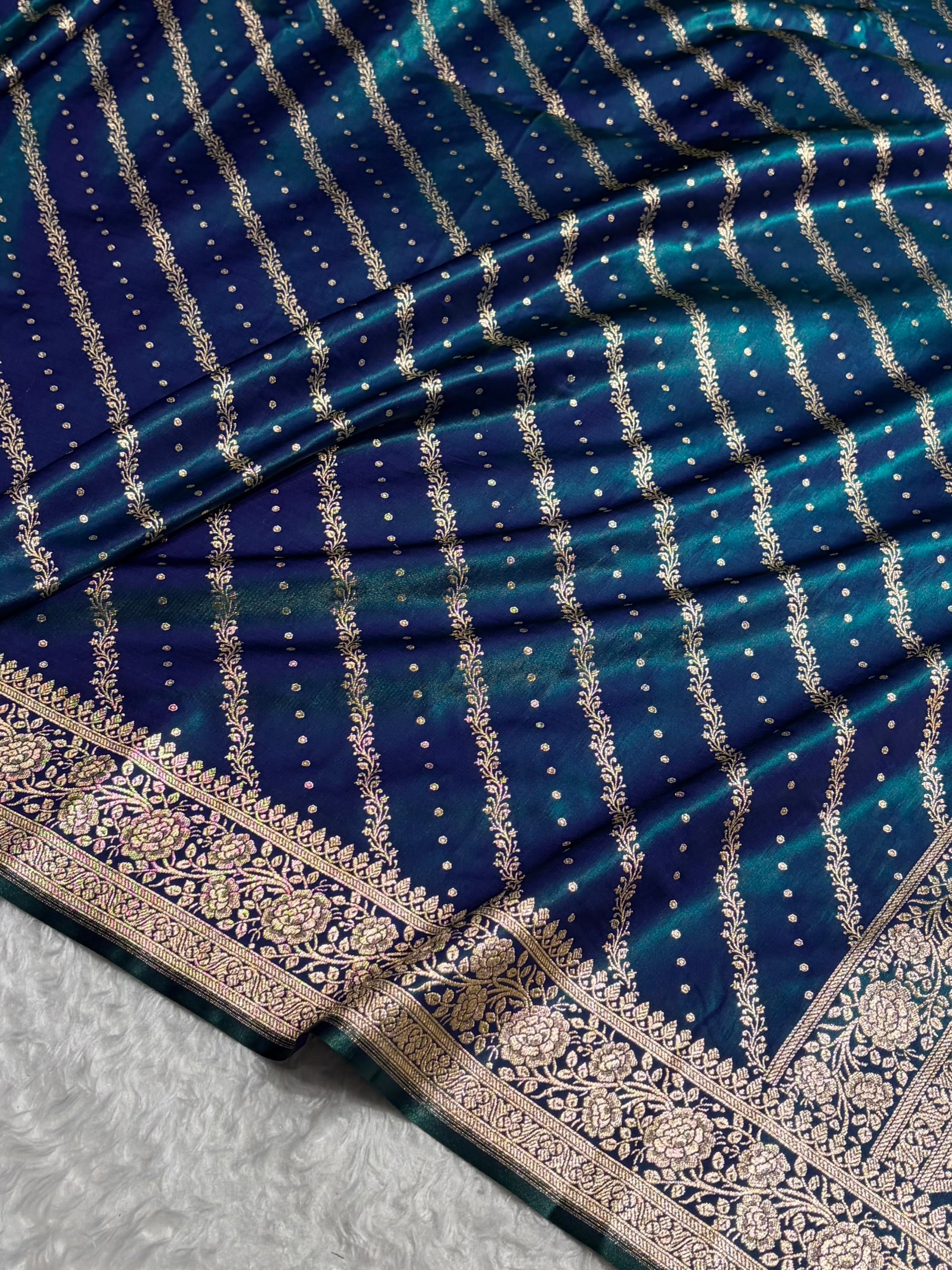 Banarasi Peacock Shades Cross Pattern Banarasi Satin Silk Saree SS61