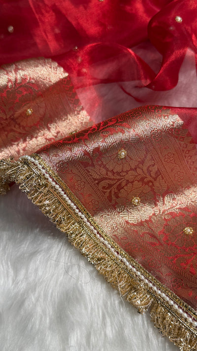 Red Shade Pure Tissue Silk Saree Moti with Gota Patti BPTGP-17