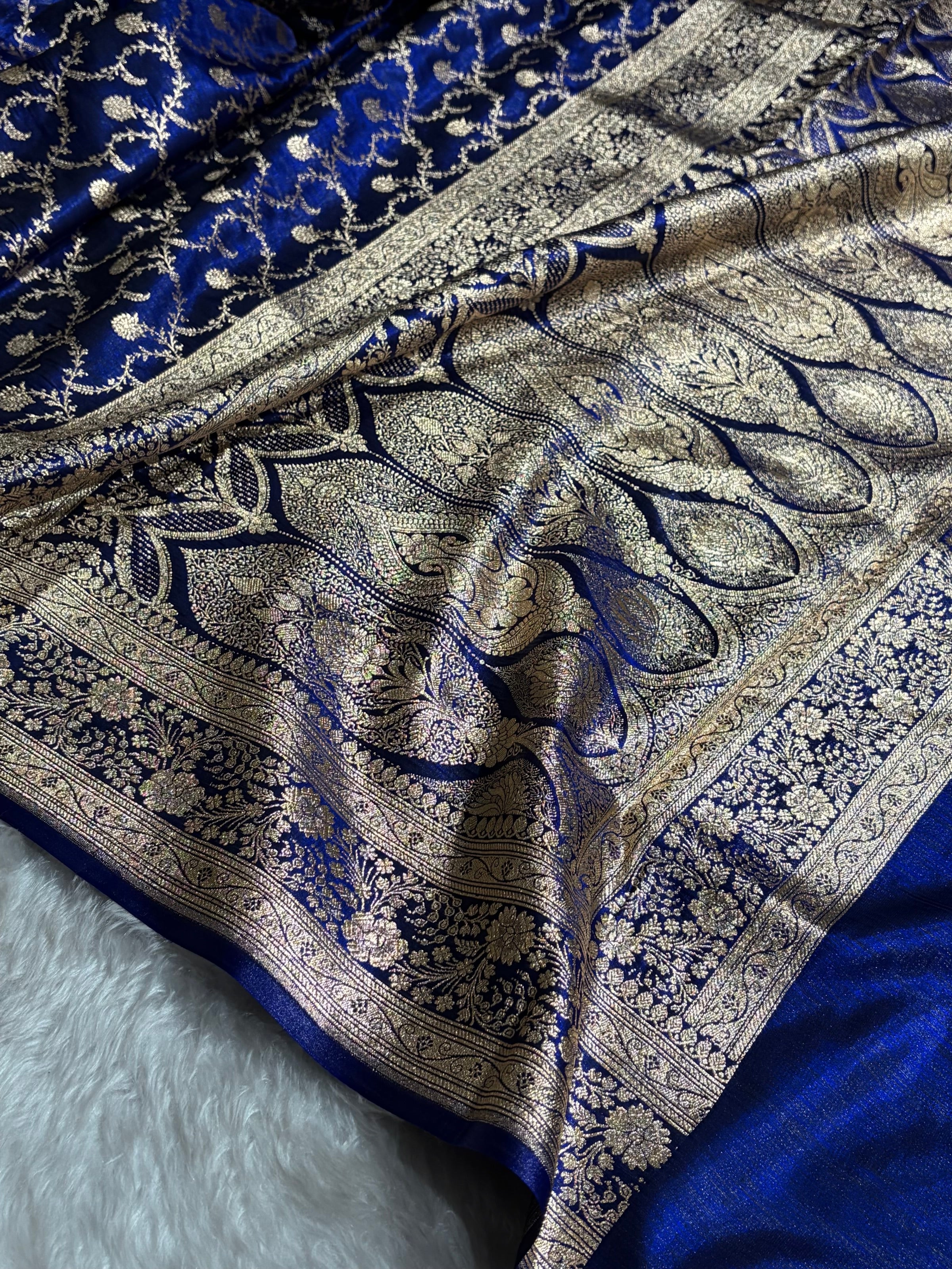 Royal Blue Shades Jaal Pattern Banarasi Satin Silk Saree SS43