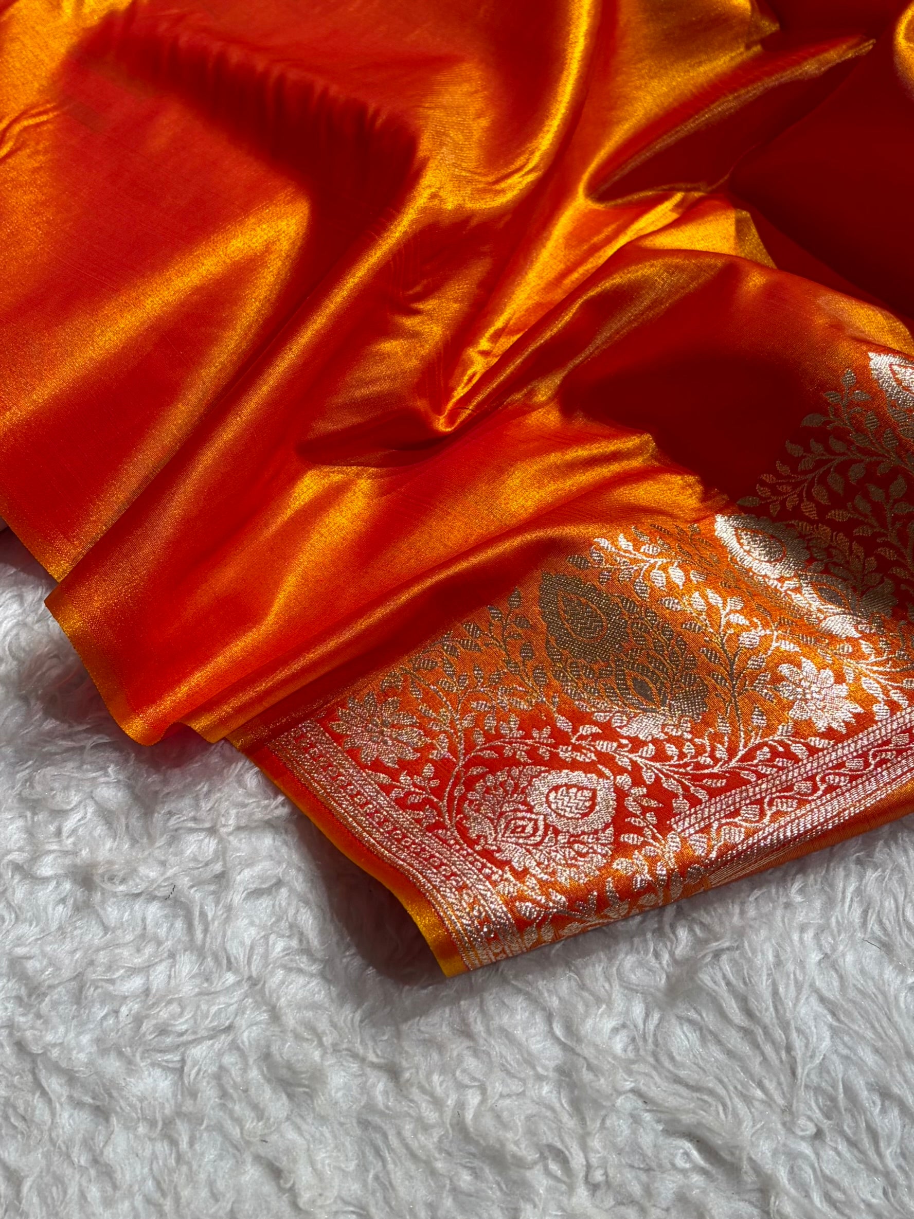 Satin Silk Saree Floral Boota in Firs Gold Shades SS28