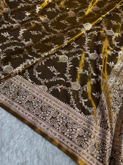 Light Weight Mehndi Gold Satin Silk Saree with Swarovski work BSS14
