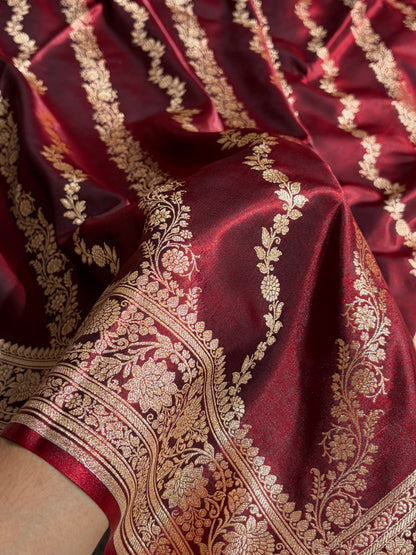 Banarasi Ultra Light Weight Satin Silk Mahroon in Cross Pattern SS10