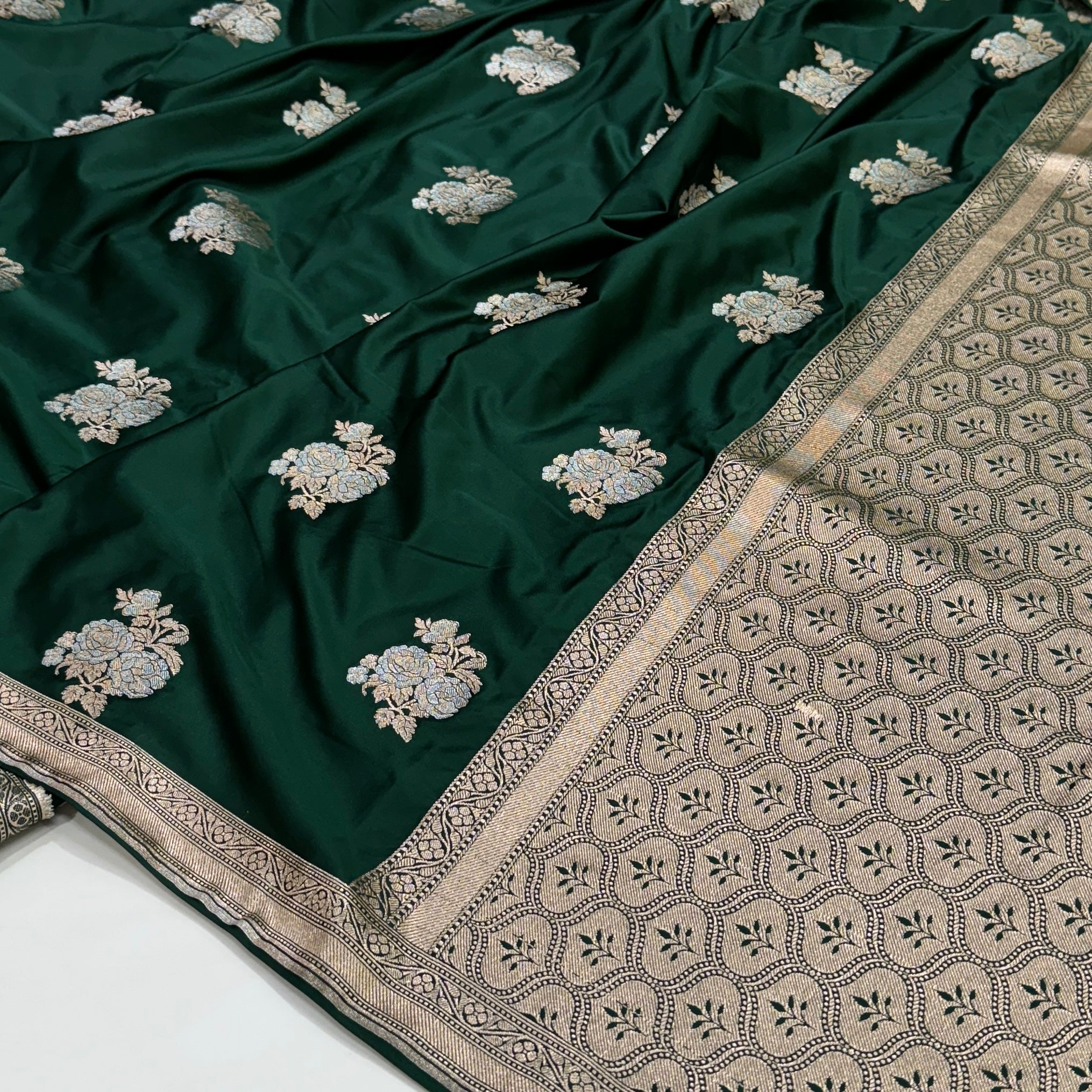 Bottle Green Sona Rupa Floral Motif Mashru Silk Saree