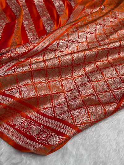 Orange Shades Banarasi Cross Pattern Floral Mashru Silk Saree MSM-102