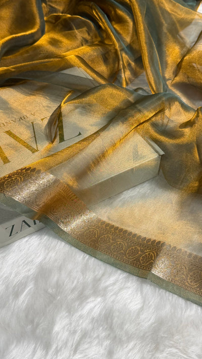 Cross Mehendi Shades Pure Tissue Silk Saree with Brocade Blouse PT-09