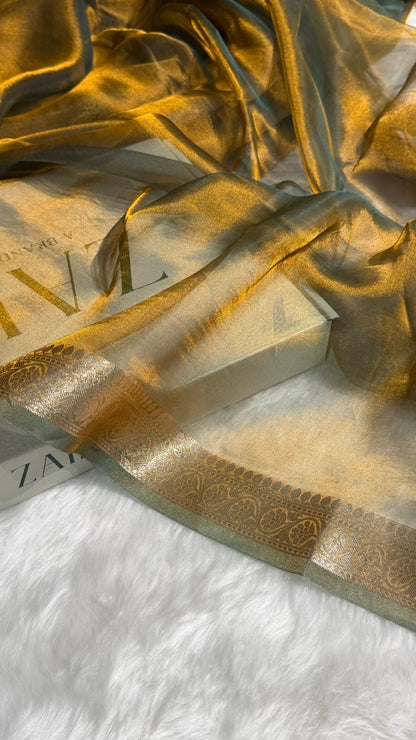 Cross Mehendi Shades Pure Tissue Silk Saree with Brocade Blouse PT-09