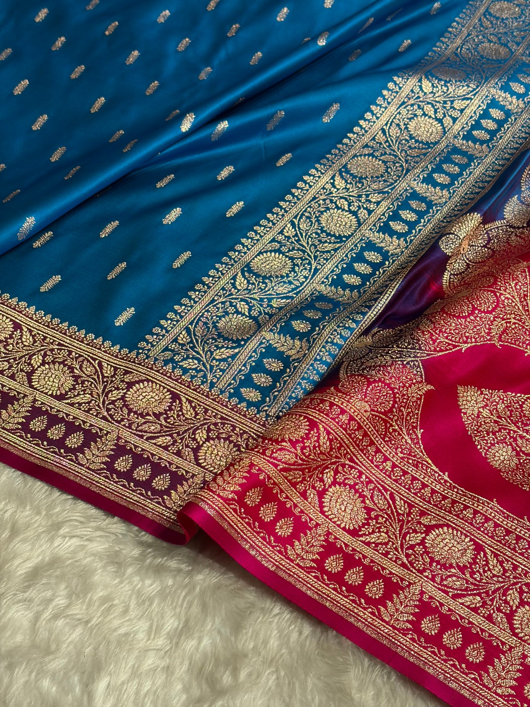 Contrast Firozi / Rani Floral Booti Banarasi Satin Katan Silk Saree SK14