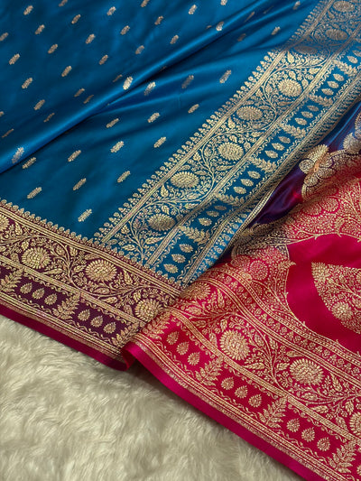 Contrast Firozi / Rani Floral Booti Banarasi Satin Katan Silk Saree SK14