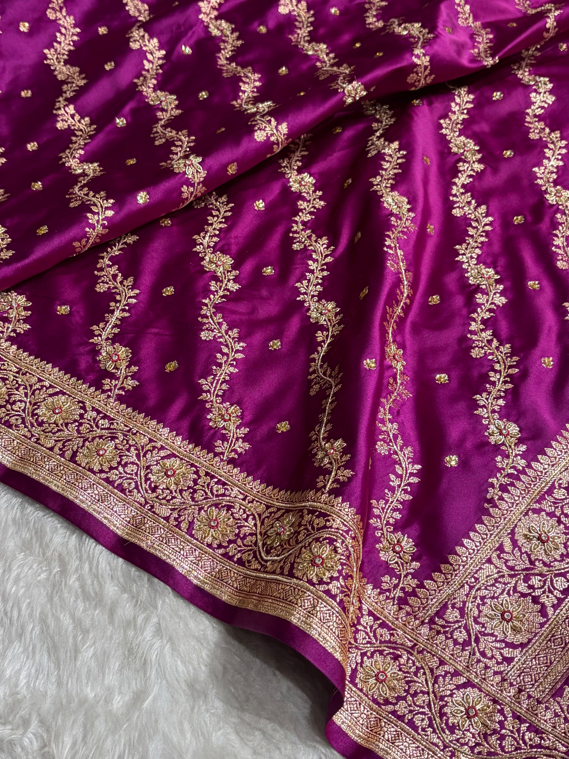 Banarasi Satin Katan Saree With Ari & Zardozi Work Boota in Wine Shades BSK108