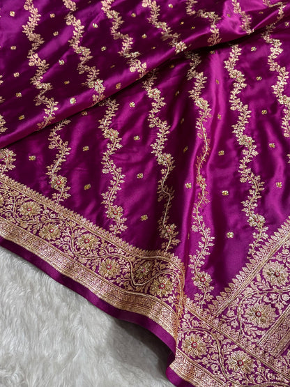Banarasi Satin Katan Saree With Ari & Zardozi Work Boota in Wine Shades BSK108