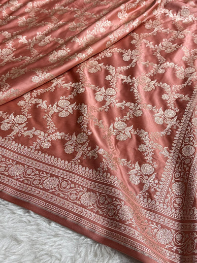 Peach Shades Banarasi With Floral Jaal Pattern Mashru Silk Saree MSM-130