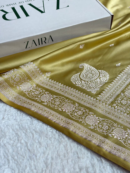 Banarasi Light Pista Boota With Floral Border Mashru Silk Saree